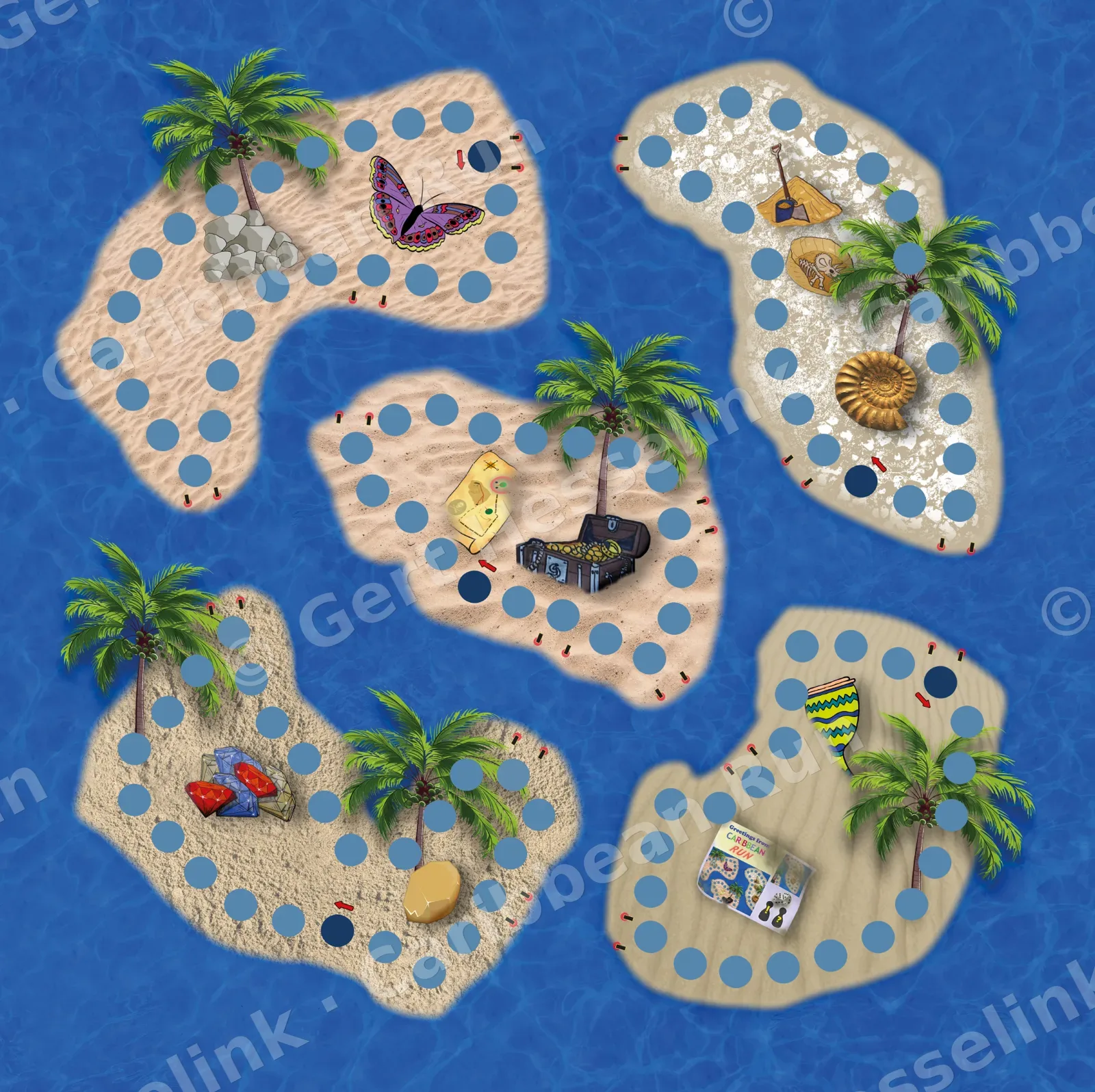 Het spelbord van Caribbean Run met vijf eilanden